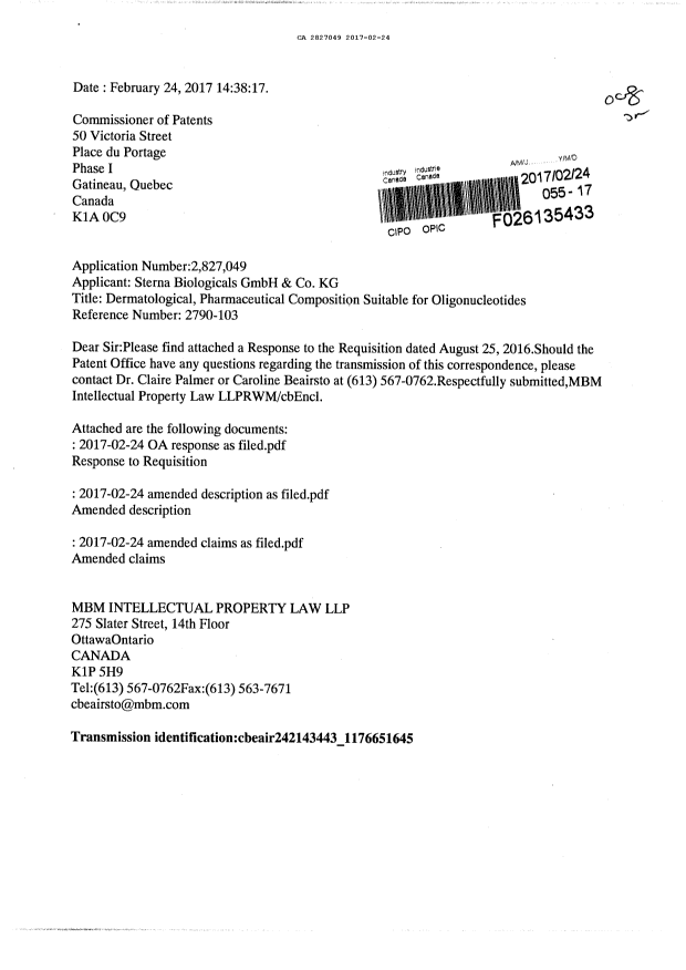 Document de brevet canadien 2827049. Modification 20170224. Image 1 de 14