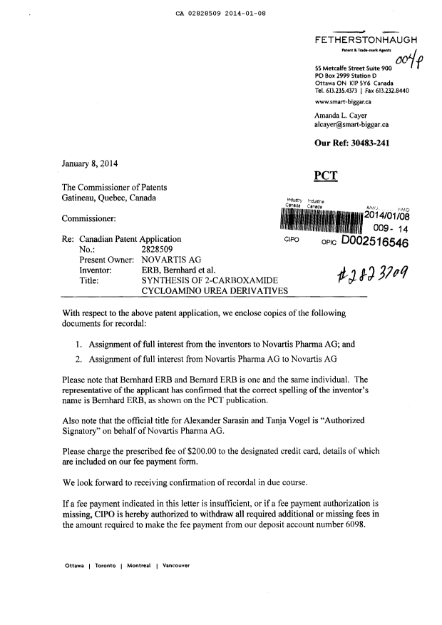Document de brevet canadien 2828509. Cession 20140108. Image 1 de 11