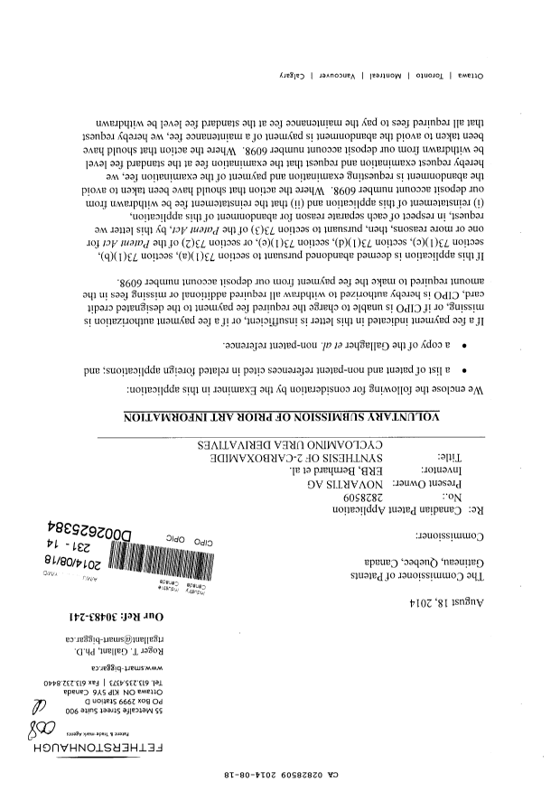 Canadian Patent Document 2828509. Prosecution-Amendment 20140818. Image 1 of 2