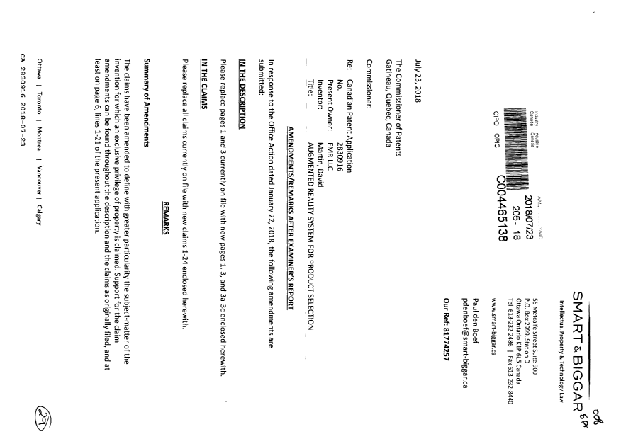 Canadian Patent Document 2830916. Amendment 20180723. Image 1 of 29