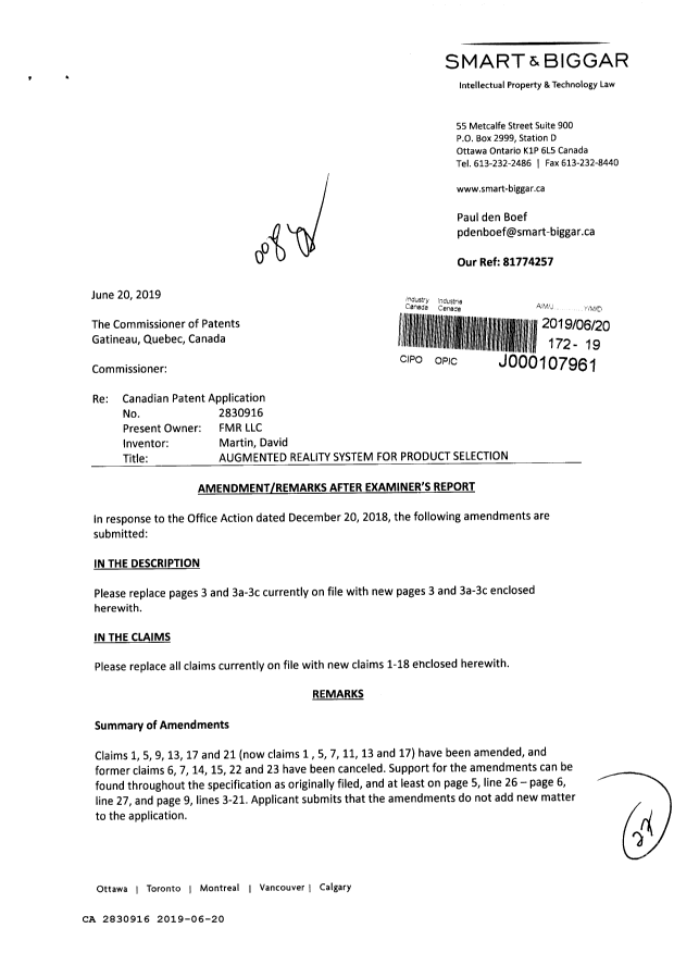 Canadian Patent Document 2830916. Amendment 20190620. Image 1 of 27