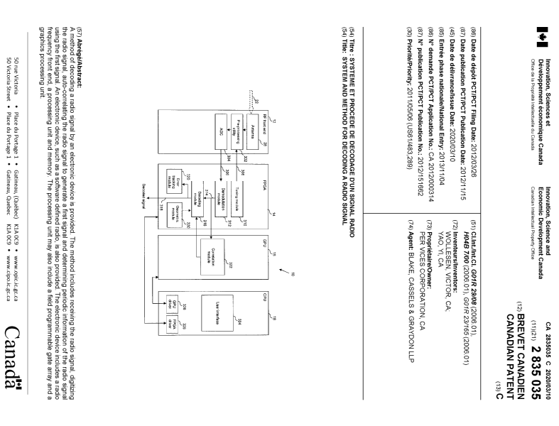 Document de brevet canadien 2835035. Page couverture 20200304. Image 1 de 1