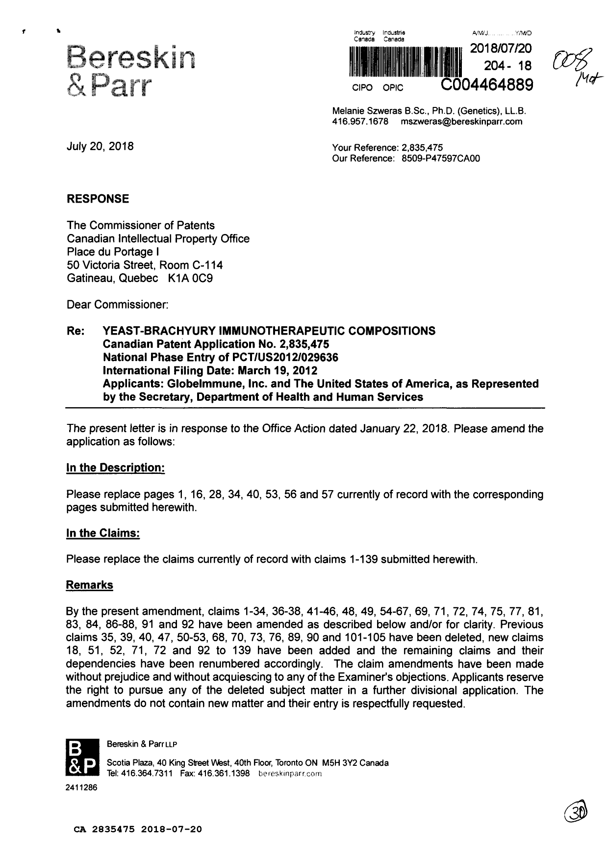 Canadian Patent Document 2835475. Amendment 20180720. Image 1 of 30