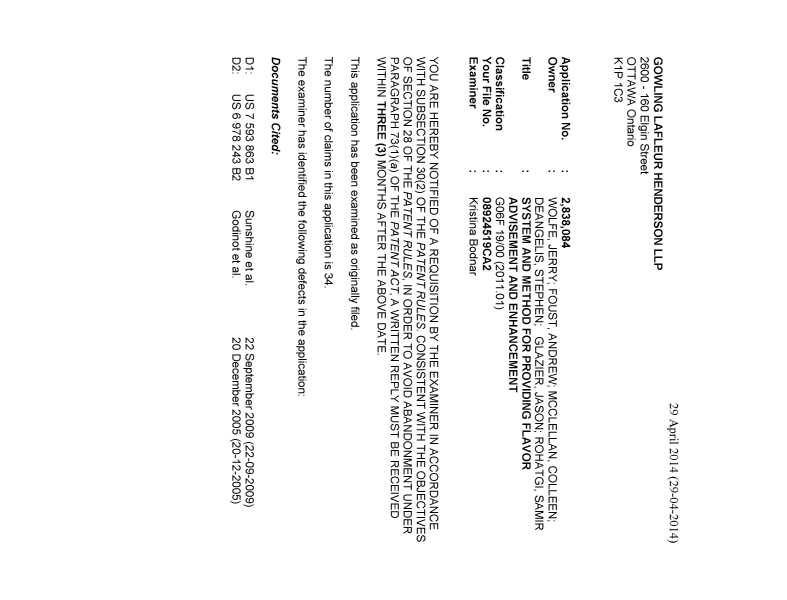 Canadian Patent Document 2838084. Prosecution-Amendment 20140429. Image 1 of 5
