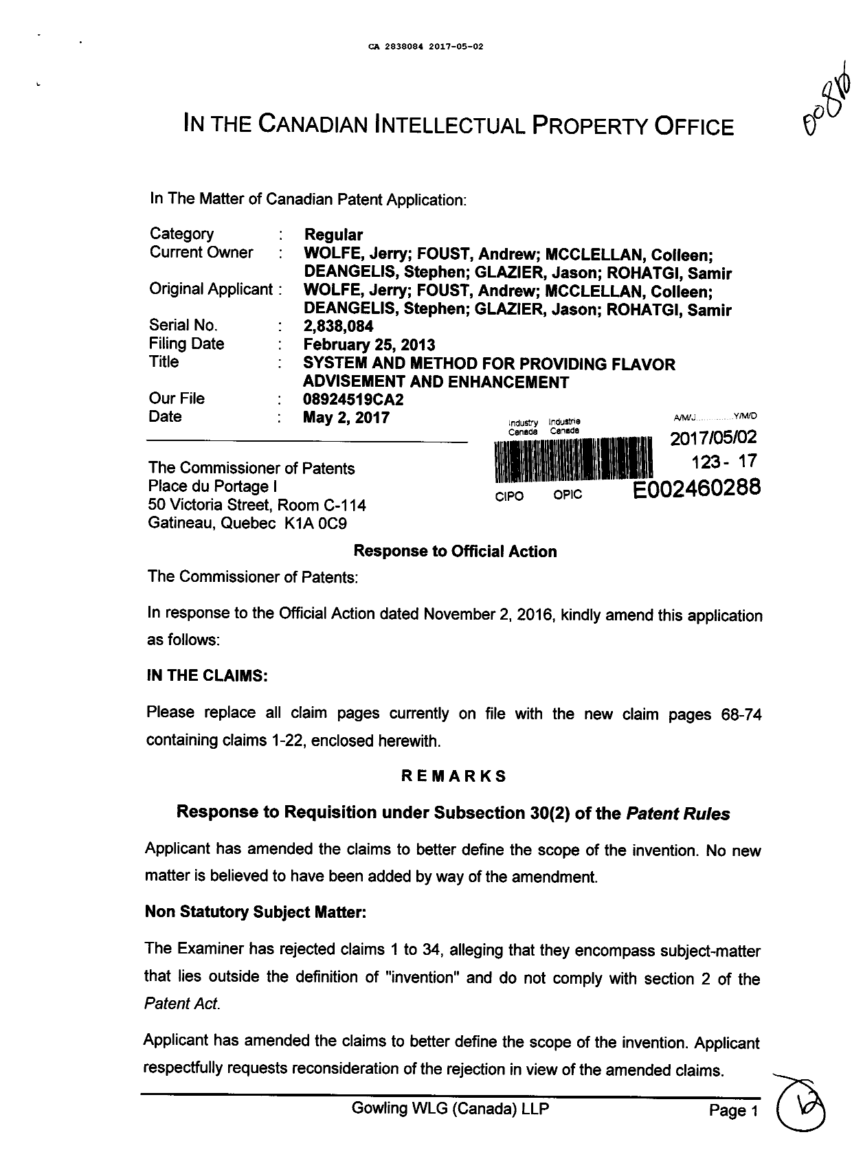 Canadian Patent Document 2838084. Amendment 20170502. Image 1 of 12