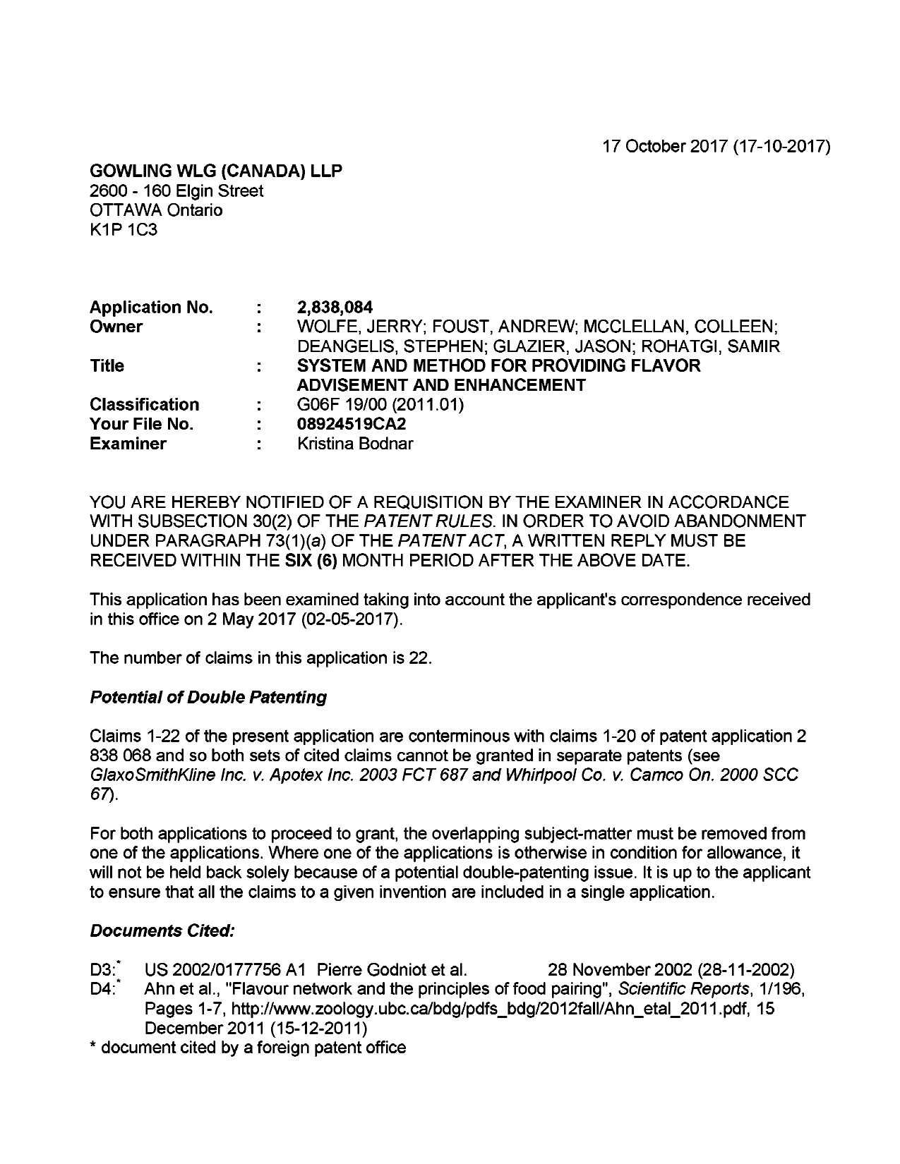 Canadian Patent Document 2838084. Examiner Requisition 20171017. Image 1 of 5