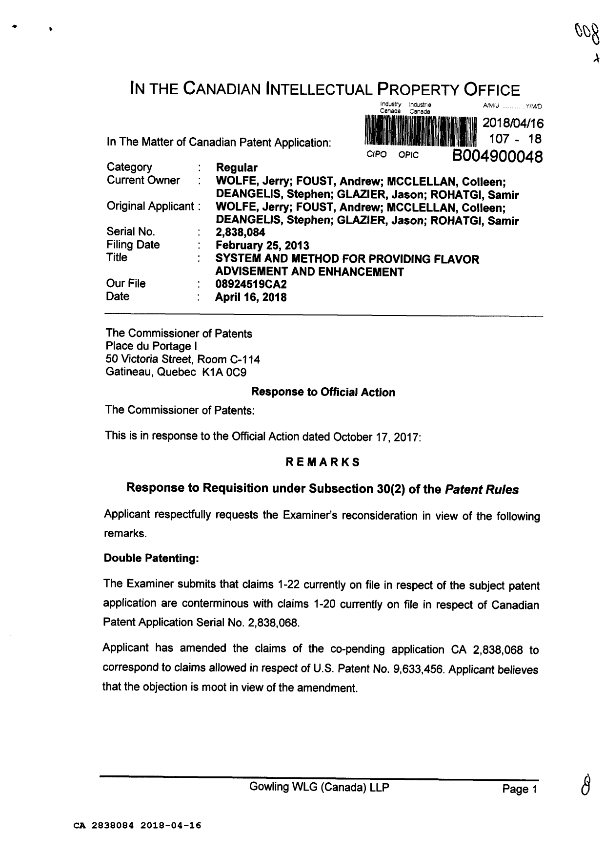 Canadian Patent Document 2838084. Amendment 20180416. Image 1 of 8