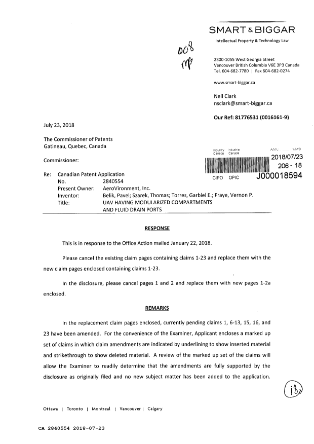 Document de brevet canadien 2840554. Modification 20180723. Image 1 de 18