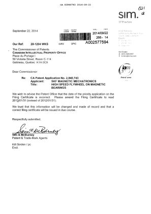 Document de brevet canadien 2840743. Correspondance 20140922. Image 1 de 1