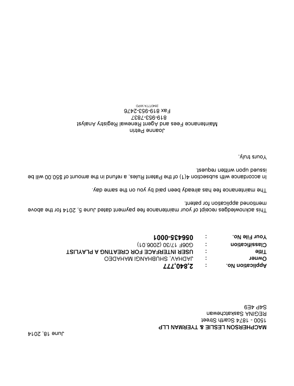 Canadian Patent Document 2840777. Correspondence 20140618. Image 1 of 1