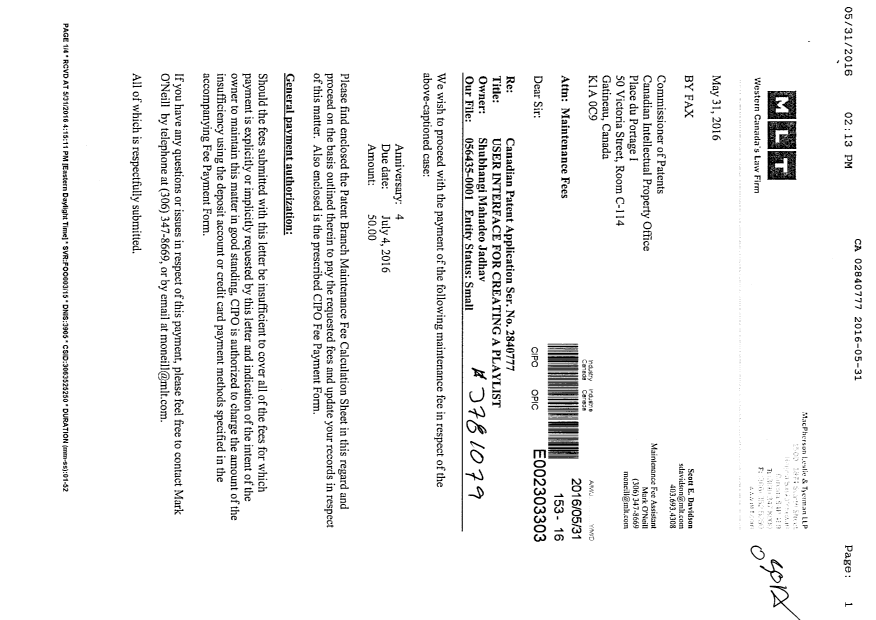 Document de brevet canadien 2840777. Paiement de taxe périodique 20160531. Image 1 de 3