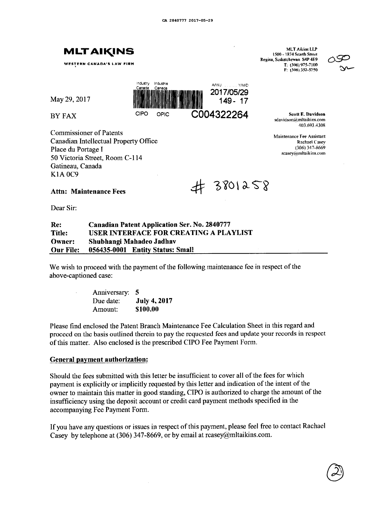 Document de brevet canadien 2840777. Paiement de taxe périodique 20170529. Image 1 de 2