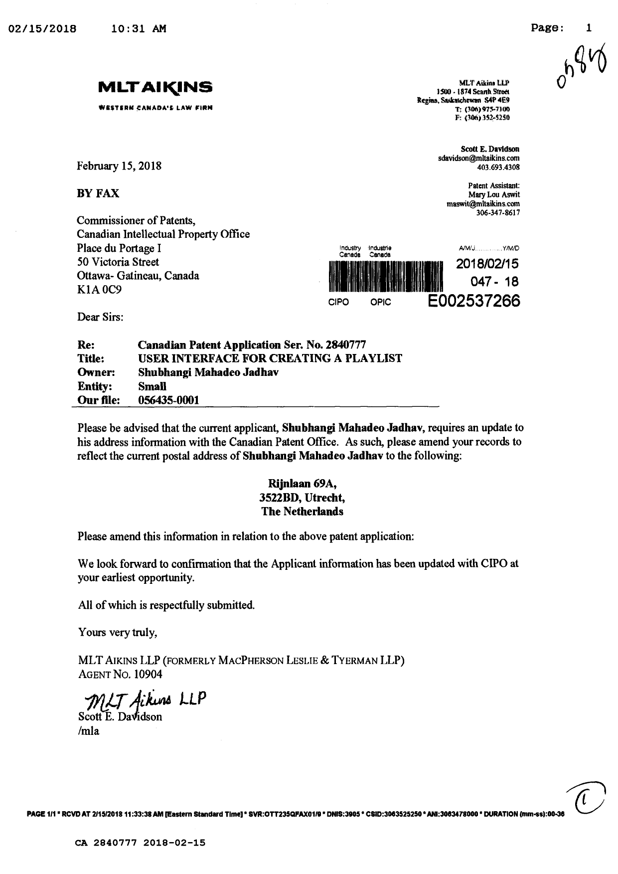 Document de brevet canadien 2840777. Correspondance reliée au PCT 20180215. Image 1 de 1