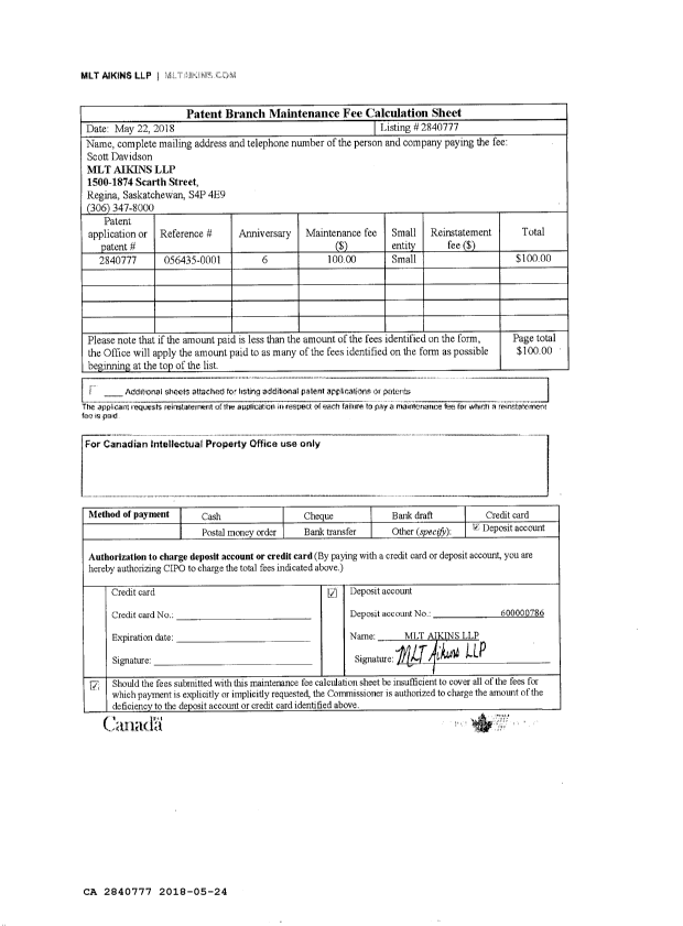 Document de brevet canadien 2840777. Paiement de taxe périodique 20180524. Image 3 de 3