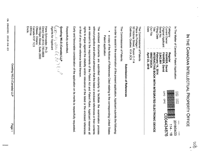 Document de brevet canadien 2842991. Modification 20180423. Image 1 de 1