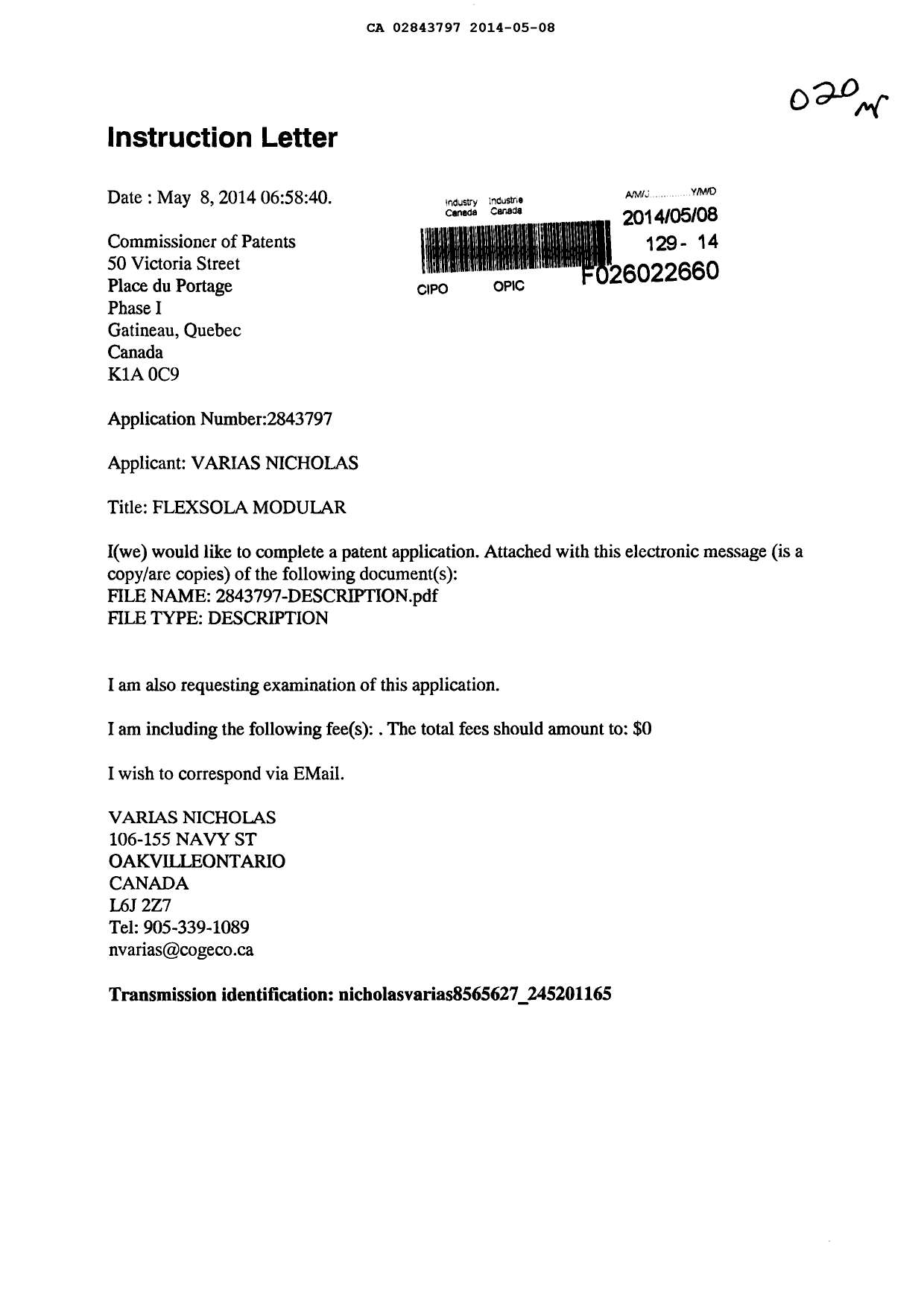 Document de brevet canadien 2843797. Correspondance 20131208. Image 1 de 21