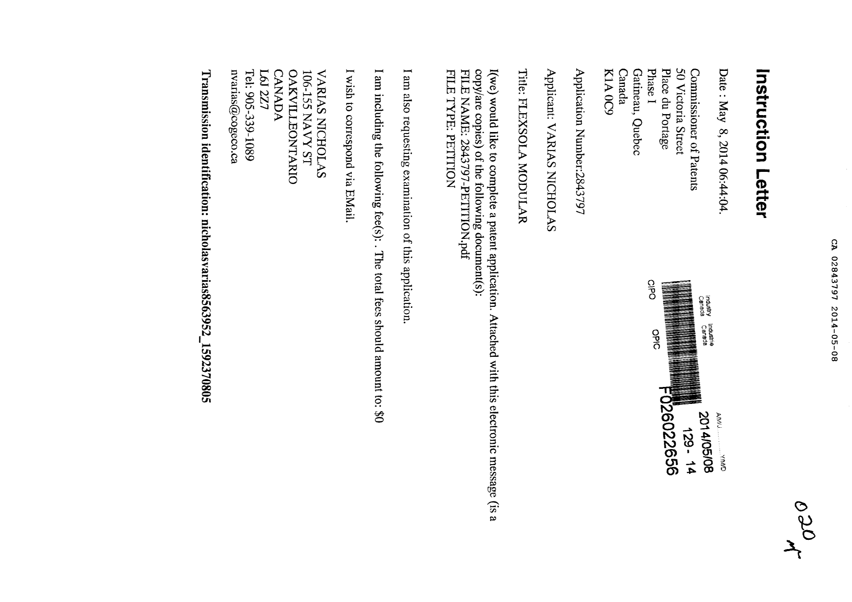 Document de brevet canadien 2843797. Correspondance 20131208. Image 1 de 3
