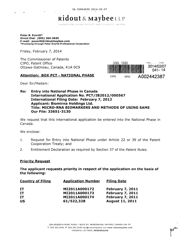 Canadian Patent Document 2844596. Assignment 20140207. Image 1 of 5