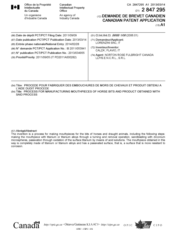 Canadian Patent Document 2847295. Cover Page 20140411. Image 1 of 1