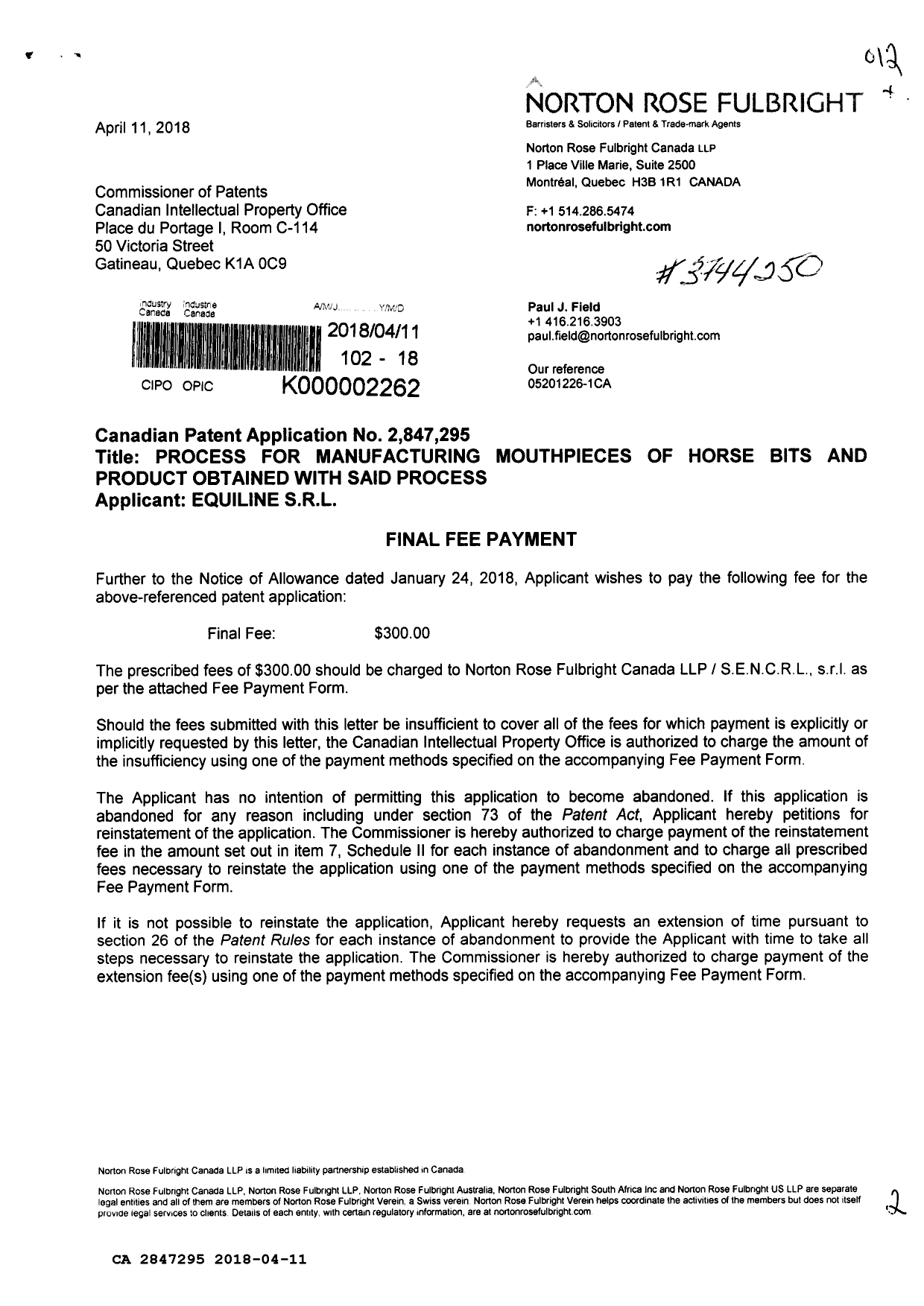 Canadian Patent Document 2847295. Final Fee 20180411. Image 1 of 2