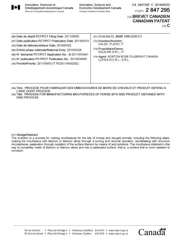 Document de brevet canadien 2847295. Page couverture 20180425. Image 1 de 1