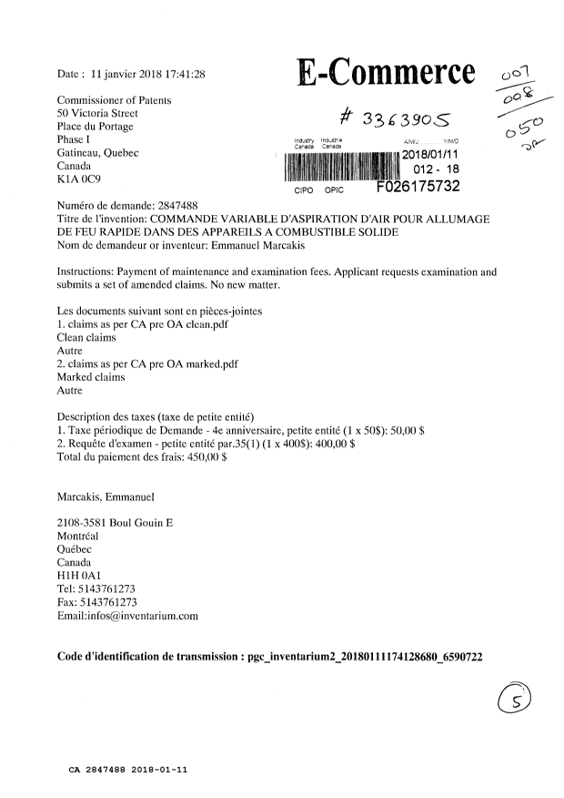 Document de brevet canadien 2847488. Requête d'examen 20180111. Image 1 de 5