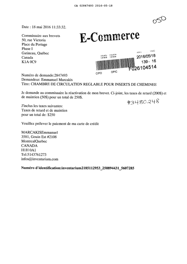Document de brevet canadien 2847493. Paiement de taxe périodique 20160518. Image 1 de 1
