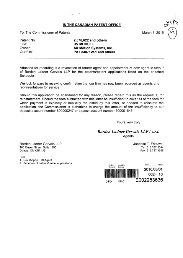 Canadian Patent Document 2848760. Correspondence 20160301. Image 1 of 3