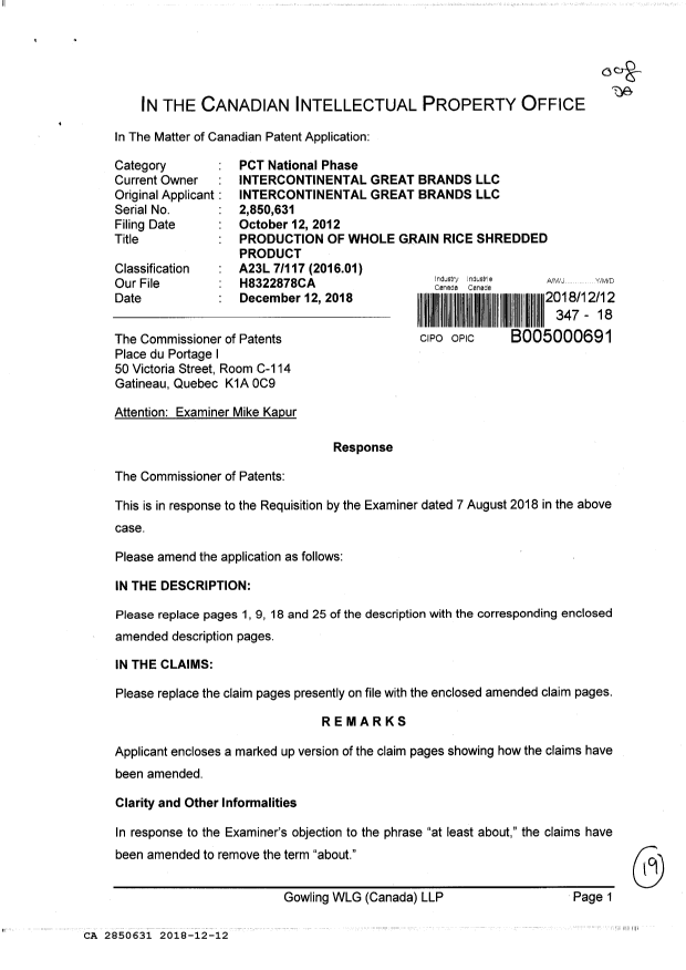 Canadian Patent Document 2850631. Amendment 20181212. Image 1 of 19