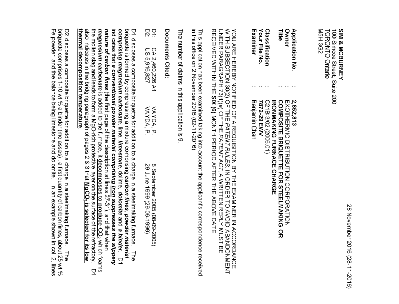 Document de brevet canadien 2852813. Demande d'examen 20161128. Image 1 de 3