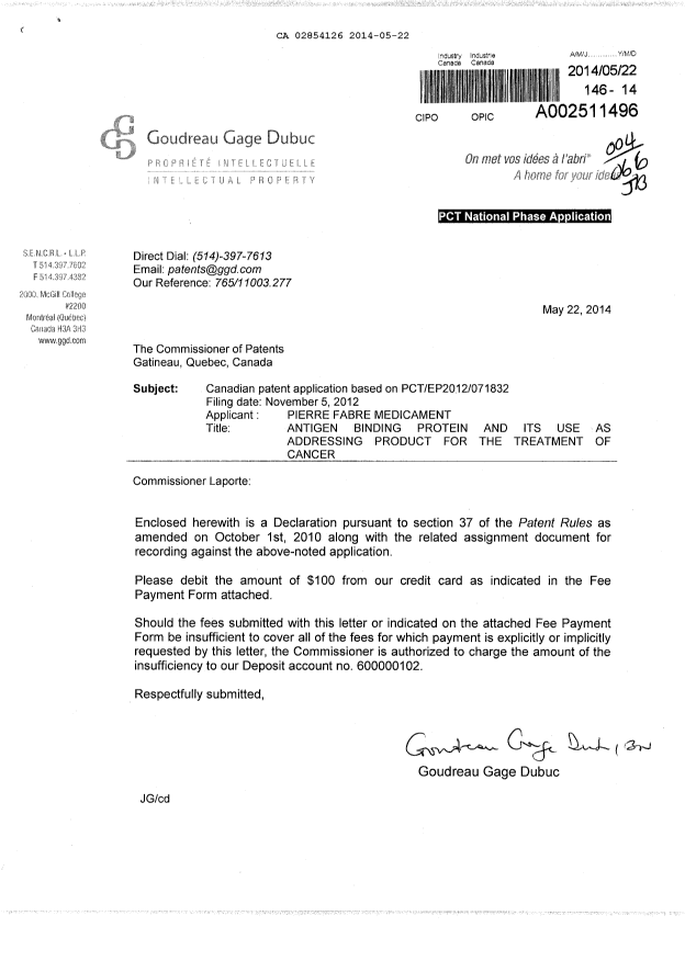 Document de brevet canadien 2854126. Cession 20140522. Image 1 de 3