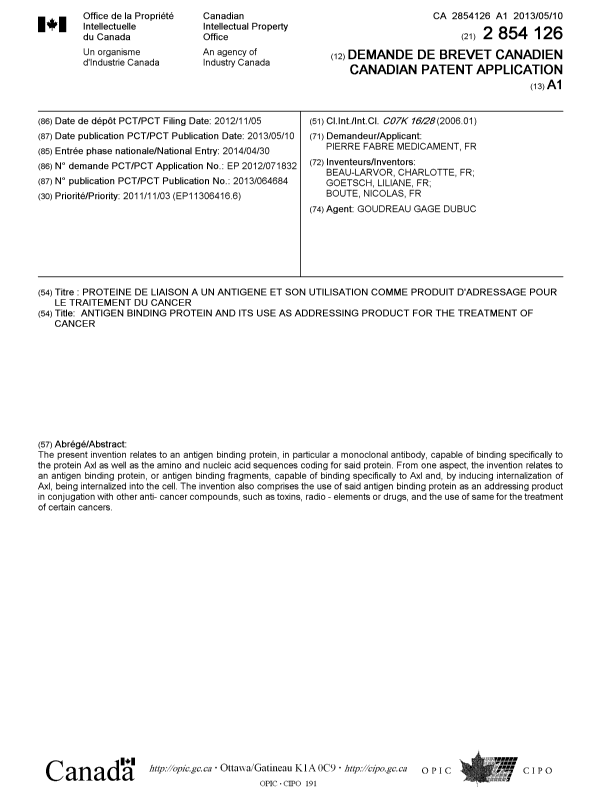 Document de brevet canadien 2854126. Page couverture 20140711. Image 1 de 1