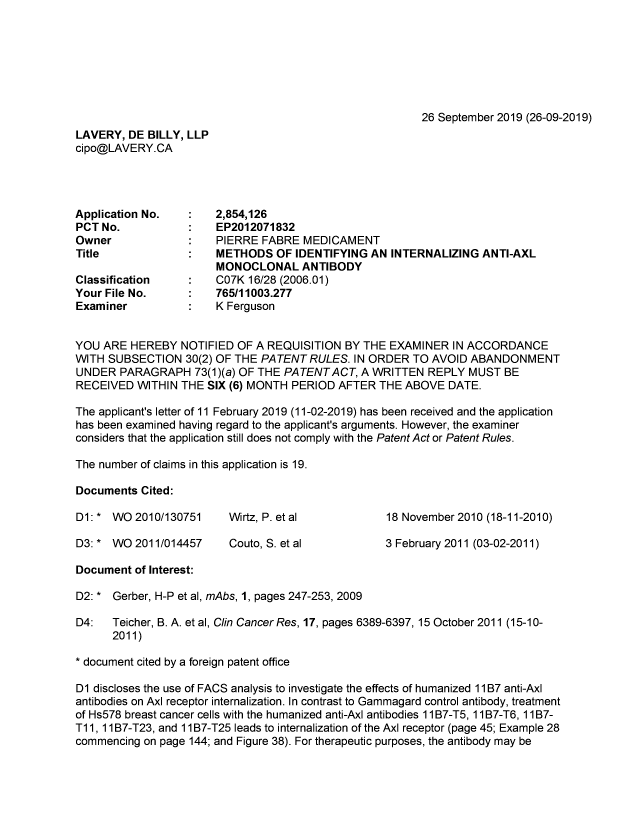 Document de brevet canadien 2854126. Demande d'examen 20190926. Image 1 de 6