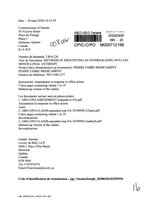 Document de brevet canadien 2854126. Modification 20200326. Image 1 de 16