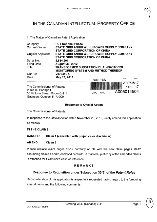 Canadian Patent Document 2854201. Amendment 20170517. Image 1 of 13