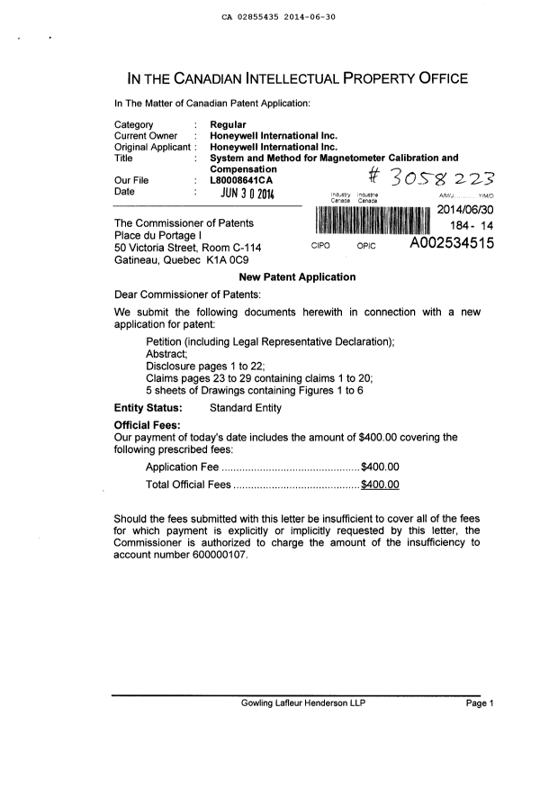 Canadian Patent Document 2855435. Assignment 20140630. Image 1 of 3