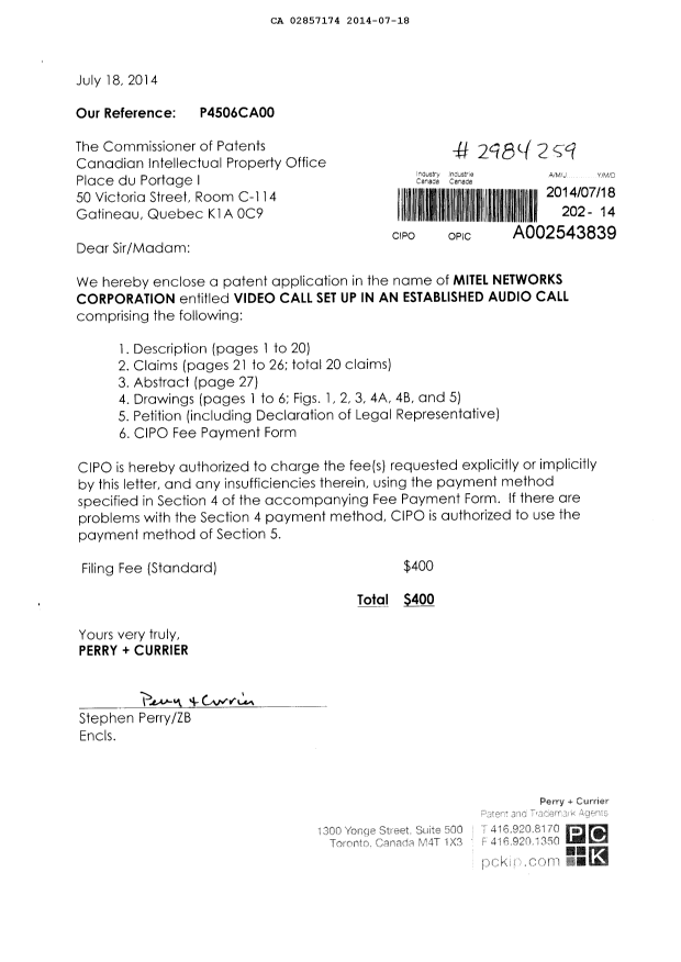 Canadian Patent Document 2857174. Assignment 20140718. Image 1 of 3