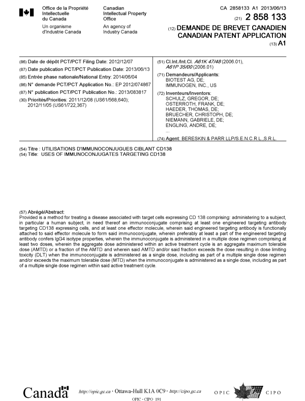 Canadian Patent Document 2858133. Cover Page 20140904. Image 1 of 2