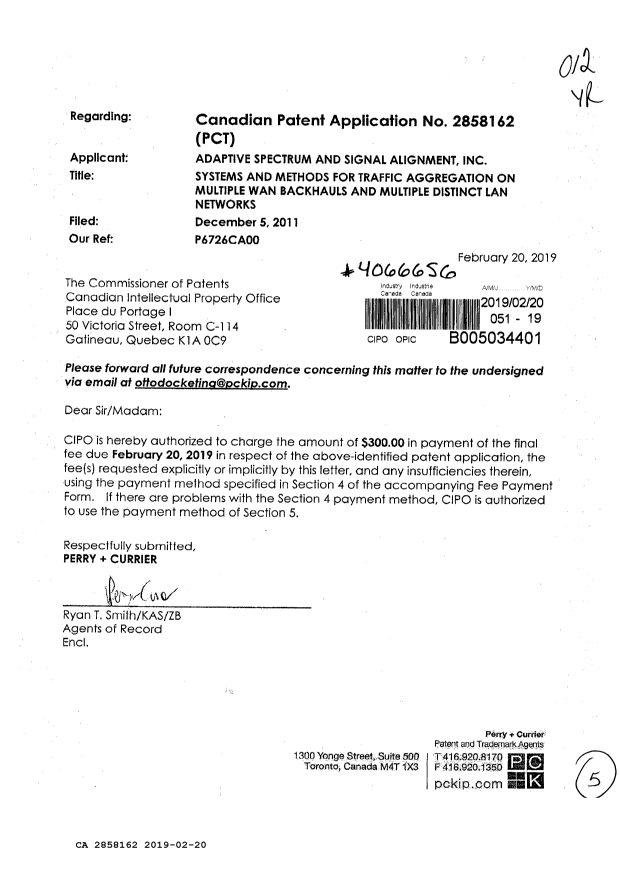 Canadian Patent Document 2858162. Final Fee 20190220. Image 1 of 5