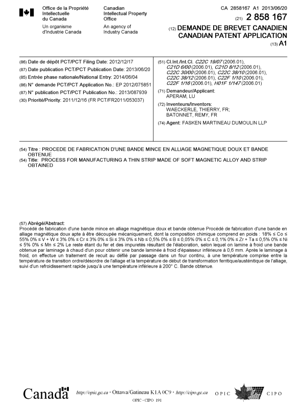 Canadian Patent Document 2858167. Cover Page 20140827. Image 1 of 1