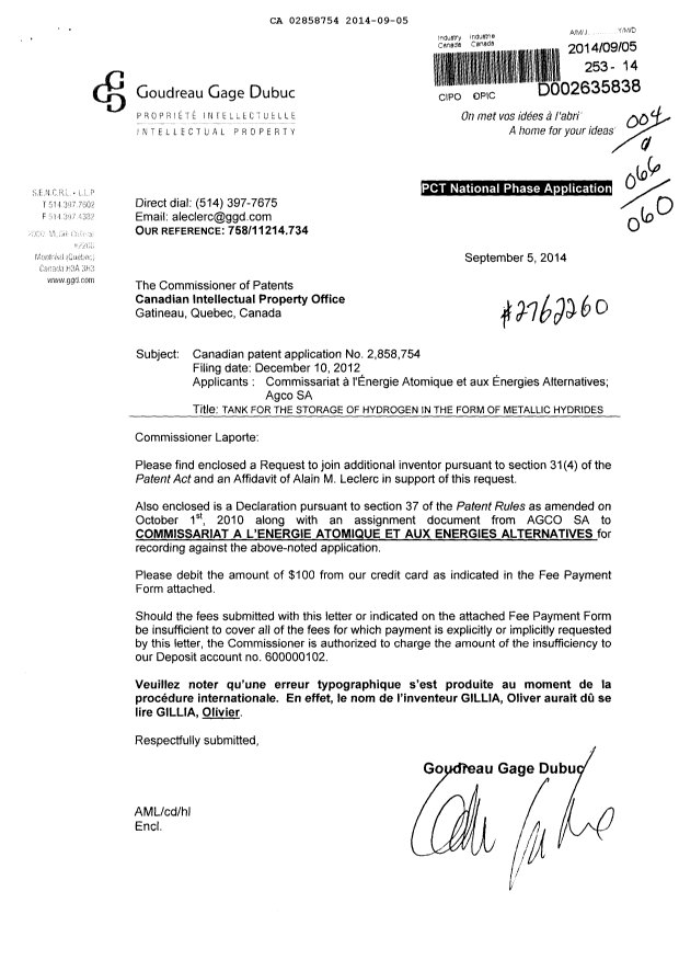 Canadian Patent Document 2858754. Assignment 20140905. Image 1 of 2