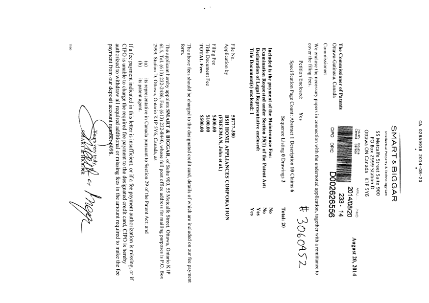 Canadian Patent Document 2859918. Assignment 20140820. Image 1 of 7