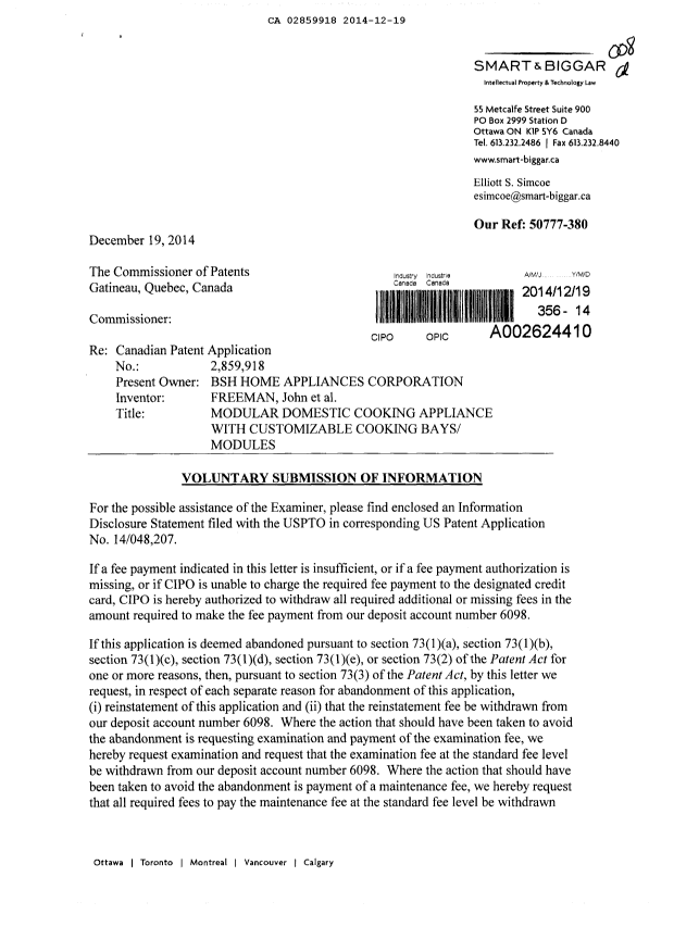 Canadian Patent Document 2859918. Prosecution-Amendment 20141219. Image 1 of 2