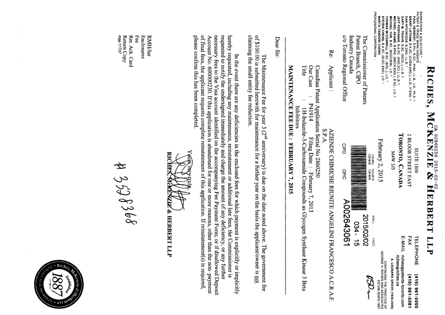 Document de brevet canadien 2860250. Taxes 20150202. Image 1 de 1