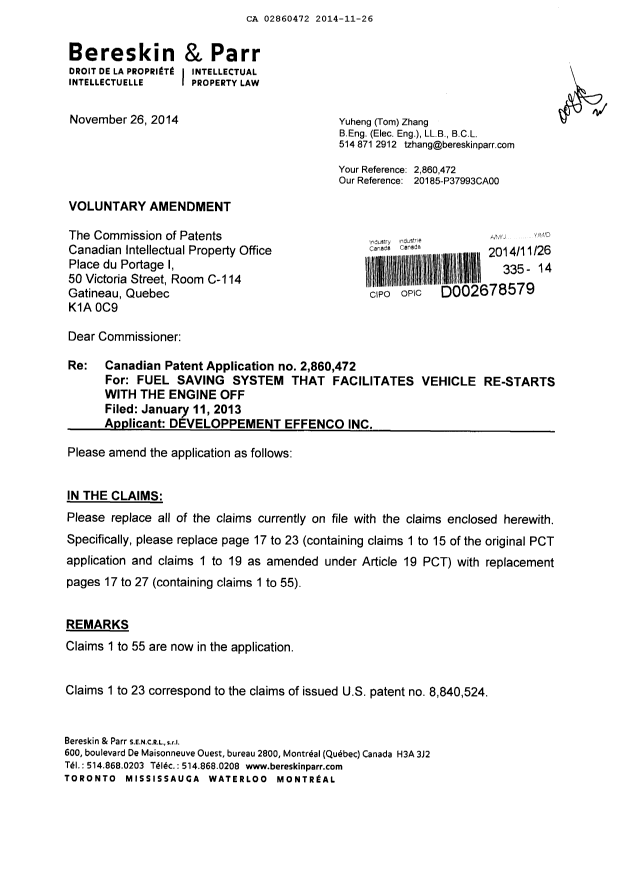 Canadian Patent Document 2860472. Prosecution-Amendment 20141126. Image 1 of 13