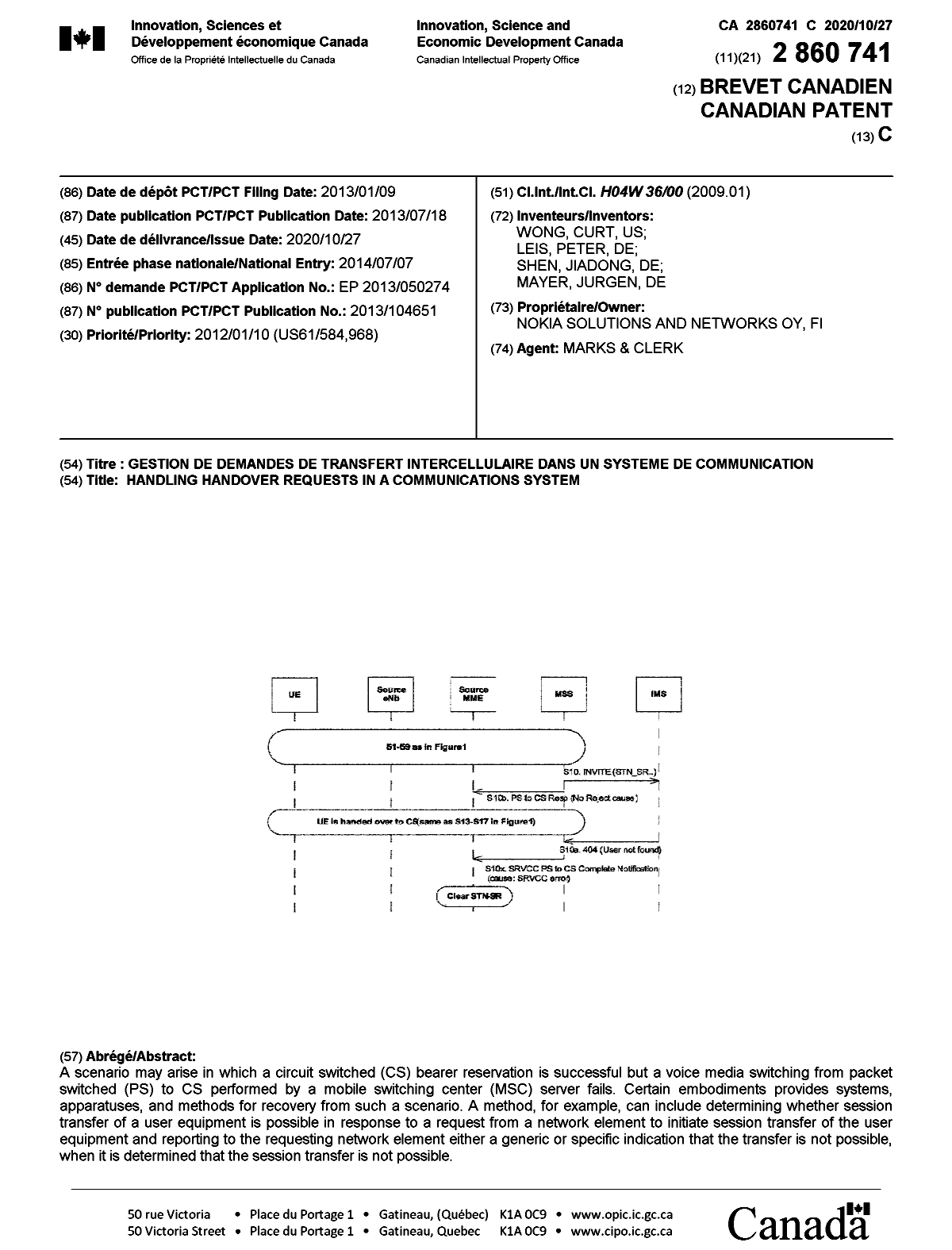 Canadian Patent Document 2860741. Cover Page 20200925. Image 1 of 1