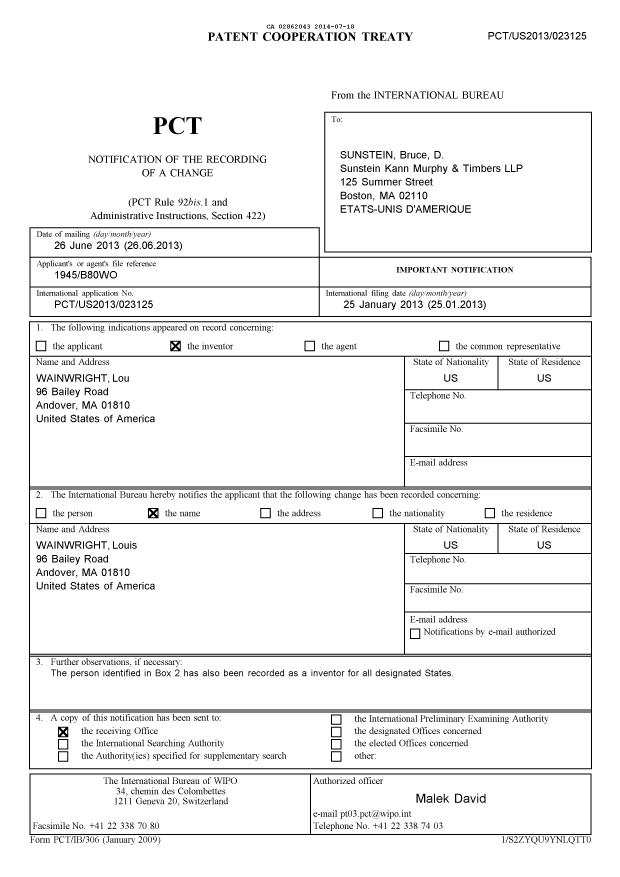 Document de brevet canadien 2862043. PCT 20140718. Image 1 de 7