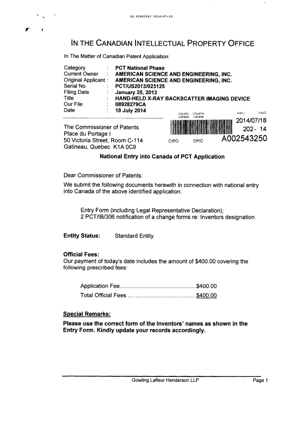 Document de brevet canadien 2862043. Cession 20140718. Image 1 de 4