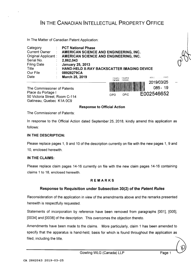 Document de brevet canadien 2862043. Modification 20190325. Image 1 de 10