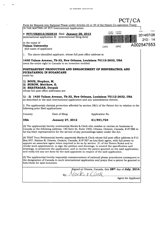 Document de brevet canadien 2863055. Cession 20140728. Image 2 de 4